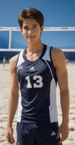 背後にネットが張られた砂浜でポーズをとる青年、13番のユニフォーム A young man posing on the sandy beach with a volleyball net behind, wearing number 13 uniform