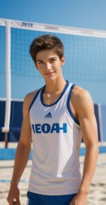 白と青のユニフォームを着て砂浜に立つ青年、晴天のもと軽やかな笑顔 A young man in a white and blue uniform standing on the beach with a cheerful smile under clear skies