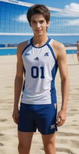 白と青のノースリーブで砂の上に立つ青年、01番のユニフォームを着用 A young man wearing number 01 uniform in white and blue, standing on the sand