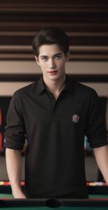 黒いビリヤードウェアを着た青年がキュー台に手を置きながら穏やかに微笑む A young man in black billiards wear gently smiling with his hands on the pool table