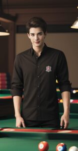ビリヤード台に手を添えた青年がカメラ目線で微笑む、シンプルなインテリアの室内 A young man resting his hand on a billiards table, smiling at the camera in a simply designed room