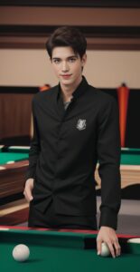 シャツの袖をまくりビリヤードボールを見つめる青年、落ち着いた室内空間 A young man with rolled-up sleeves gazing at the billiard balls in a calm indoor setting