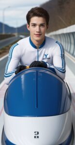 ボブスレーに乗り込んだ青年がカメラを見つめる、山間のコースを背景にしたシーン A young man seated in a bobsleigh staring at the camera, with a mountain course in the background