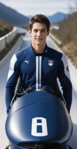 青いユニフォーム姿の青年がスタート地点でボブスレーに乗って微笑む A young man in a blue uniform smiling in a bobsleigh at the starting point