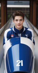21番のボブスレーを操る青年が滑走直前の緊張感ある表情を見せる A young man in control of bobsleigh number 21 showing a focused expression before descent