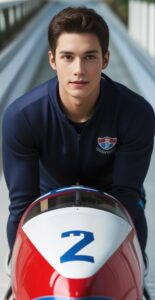 2番のボブスレーに乗り前を見つめる青年、傾斜のあるトラックの上で構える A young man in bobsleigh number 2 looking ahead, positioned on a sloped track