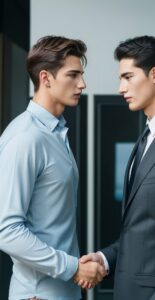 Side view of two businessmen in business casual attire exchanging a firm handshake (ビジネスカジュアルの服装をした2人のビジネスマンが横向きでしっかりと握手している)