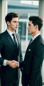 Two men in formal suits making eye contact while shaking hands (スーツ姿の男性2人が目を見合わせながら握手している)