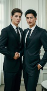 Confident businessmen in suits smiling while giving a formal handshake (自信に満ちたスーツ姿のビジネスマン2人が、フォーマルに握手しながら微笑んでいる)