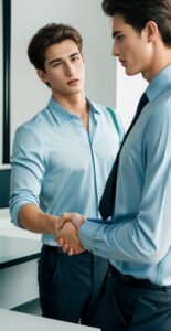 Two young businessmen in shirts shaking hands in a modern office (シャツ姿の若いビジネスマン2人が、モダンなオフィスで握手している)