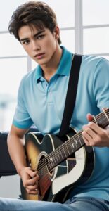 Man in a teal shirt concentrating while playing guitar, fingers forming advanced chord shapes (ティール色のシャツを着た男性が集中してギターを弾き、指で高度なコードを形成している)