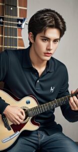 Focused man seated indoors, pressing strings firmly on a guitar neck with precision (室内に座り、ギターのネックで弦を正確に押さえている真剣な男性)