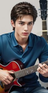 Young man in a blue polo shirt pressing complex guitar chords while playing (青いポロシャツの若い男性がギターで複雑なコードを押さえながら演奏している)