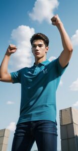 Man in a teal shirt raising his clenched fist triumphantly under a sky with clouds (雲のある空の下で、青緑のシャツを着た男性が拳を高く突き上げて勝利を表現している)