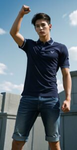 Confident young man in dark clothing standing on a rooftop with his fist raised in victory (屋上に立ち、暗い色の服を着て拳を上げた自信に満ちた若者)