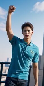 Man in a light blue polo shirt powerfully raising his fist against the city skyline (都市のスカイラインを背景に、水色のポロシャツを着た男性が力強く拳を突き上げている)
