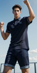 Young man in a navy polo shirt striking a victory pose with fist raised against a blue sky (紺色のポロシャツを着た若い男性が、青空に向かって拳を突き上げる勝利のポーズを取っている)
