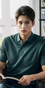 Man sitting and reading a book, using one hand to flip a page, wearing a dark green shirt （ダークグリーンのシャツを着た男性が座って読書中、片手でページをめくっている）