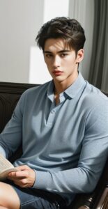 Man in a gray-blue shirt turning a page of an open book with one hand while reading indoors （灰青色のシャツを着た男性が、室内で本を片手に読みながらページをめくっている）