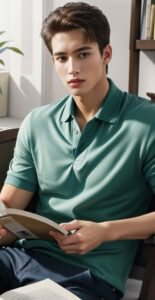 Relaxed man flipping through a book with one hand while reading in a comfortable room （くつろいだ室内で、片手で本のページをめくりながら読む落ち着いた表情の男性）