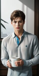 Man in a gray shirt softly cradling a mug near his chest with both hands (グレーのシャツの男性が胸元でマグカップを両手でそっと包んでいる)