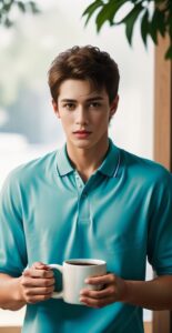 Stylish man in a turquoise shirt looking forward while holding a ceramic mug in both hands (ターコイズ色のシャツを着たスタイリッシュな男性が両手で陶器のマグカップを持ち、正面を見つめている)