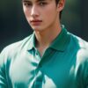 Young man in a green polo shirt gently holding a white mug with both hands （緑のポロシャツを着た若い男性が白いマグカップを両手で優しく持っている）