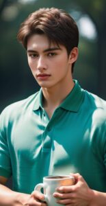 Young man in a green polo shirt gently holding a white mug with both hands (緑のポロシャツを着た若い男性が白いマグカップを両手で優しく持っている)