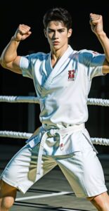 Man performing a traditional karate kata stance in a ring, arms raised with focus (空手の型を取る男性が、リング上で腕を上げて集中した表情をしている)