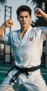 Young man in a white karate gi striking a strong double-arm pose outdoors (白い空手着を着た若い男性が、屋外で両腕を力強く構えるポーズ)