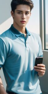 Stylish man in teal shirt using his smartphone with one hand, standing near a window (窓際に立ち、ティール色のシャツでスマートフォンを片手操作するスタイリッシュな男性)