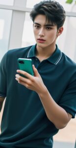 Man looking at smartphone screen attentively while holding it in one hand (スマートフォンの画面を真剣に見つめる男性、片手でデバイスを持っている)