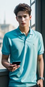 Young man in a light blue polo shirt casually operating a smartphone with one hand on a balcony (薄い水色のポロシャツを着た若い男性がバルコニーで片手にスマートフォンを持ち操作している)