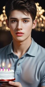 Man gazing at a lit birthday cake just before blowing out the candles (ろうそくに火のついたケーキを見つめ、吹き消す直前の男性)