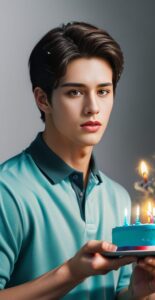 Man holding a blue birthday cake while preparing to blow out the candles (青いバースデーケーキを持ち、ろうそくを吹き消そうとしている男性)