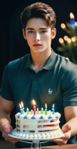 Young man holding a white frosted birthday cake with colorful candles (白いクリームでデコレーションされたケーキを持ち、ろうそくを吹き消す瞬間の若い男性)