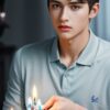 Young man reaching out to a birthday cake with colorful candles （カラフルなろうそくが立てられたバースデーケーキに手を伸ばす若い男性）