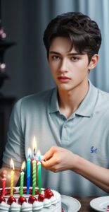 Young man reaching out to a birthday cake with colorful candles (カラフルなろうそくが立てられたバースデーケーキに手を伸ばす若い男性)
