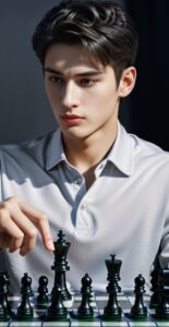 Man in a white shirt with focused eyes, moving a black chess piece on the board (白いシャツの男性が集中した表情で黒いチェスの駒を動かしている)