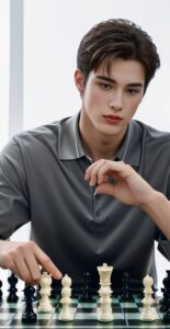Stylish man in a gray shirt delicately pushing a white queen forward on a chessboard (グレーのシャツを着たスタイリッシュな男性が白いクイーンの駒をチェス盤で前に押し出している)