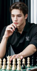 Man in a black shirt resting his chin on one hand while carefully moving a chess piece with the other (黒いシャツの男性が片手で顎を支えながら、もう一方の手でチェスの駒を慎重に動かしている)