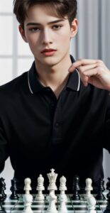 Young man in a black polo shirt gently holding a chess piece over the board, contemplating his next move (黒のポロシャツを着た若い男性がチェス盤の上で駒を慎重につまみ、次の手を考えている)