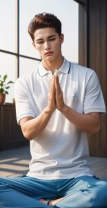 Man meditating indoors in sunlight with hands pressed in front of chest (日差しの入る室内で瞑想し、胸の前で手を合わせる男性)