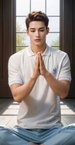 Young man in a calm indoor setting, sitting cross-legged with hands joined in meditation (落ち着いた室内であぐらをかき、手を合わせて瞑想する若い男性)