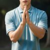 Young man standing outdoors with hands pressed together in a meditative pose （屋外で手を胸の前に合わせ、瞑想のポーズをとる若い男性）