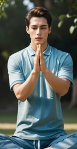 Young man standing outdoors with hands pressed together in a meditative pose (屋外で手を胸の前に合わせ、瞑想のポーズをとる若い男性)