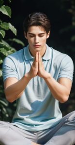 Man sitting cross-legged in nature with hands together in prayer-like position (自然の中であぐらをかき、手を合わせて座っている男性)