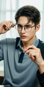Young man in a gray polo shirt sitting by the window, adjusting his glasses with one finger (灰色のポロシャツを着た若い男性が窓際に座り、片手の指でメガネを調整している)