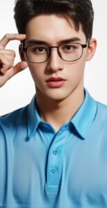 Young man in a light blue polo shirt facing forward, confidently pushing up his glasses with his index finger (水色のポロシャツを着た若い男性が正面を向き、人差し指で自信を持ってメガネを押し上げている)