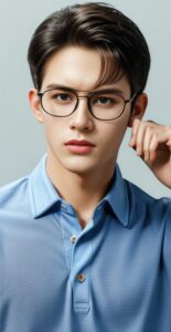 Young man in a blue dress shirt adjusting his glasses with one finger while gazing ahead (青いシャツを着た若い男性が前を見つめながら片手でメガネを調整している)